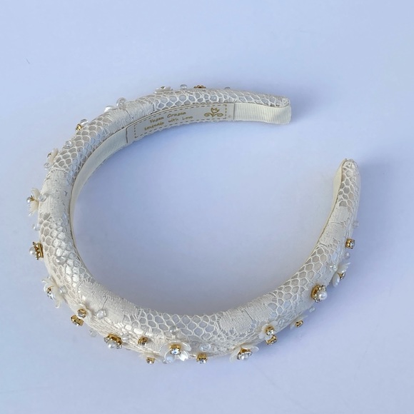 1” Padded Headband Offwhite Vintage Lace Overlay Flower/beads Adorned Handmade - Picture 9 of 11